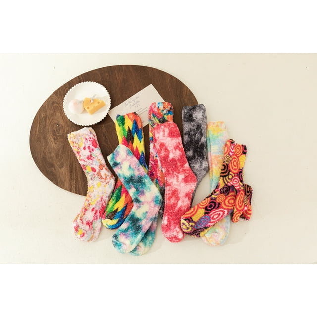 Gilbin 2 Pair Women Tie Dye Fuzzy Socks Warm Super Soft Plush Slipper Sock Casual Home Sleeping Cozy Crew Socks