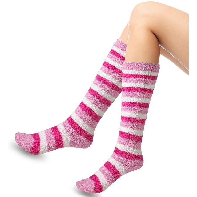Womens Thick Comfortable Soft Fuzzy Socks Cozy Calf High Winter Plush Socks 6 Pairs Stripes Style Size 9-11