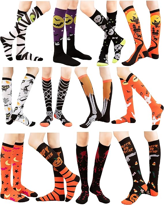 12-Pair Women’s Halloween Knee-High Socks — Spooky Holiday Socks (Size 9–11)