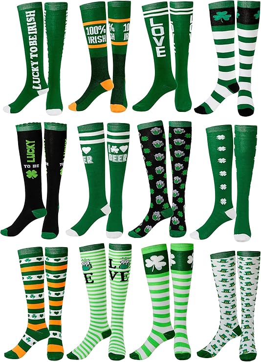 12-Pair Women’s St. Patrick’s Day Knee-High Socks — Holiday Shamrock Socks (Size 9–11)