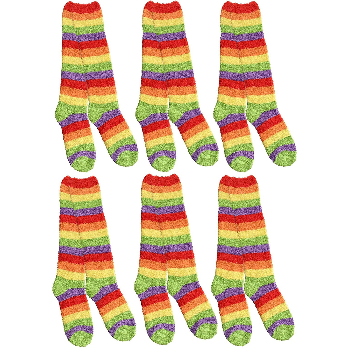 Womens Thick Comfortable Soft Fuzzy Socks Rainbow Stripe Cozy Calf High Winter Plush Socks 6 Pairs Size 9-11