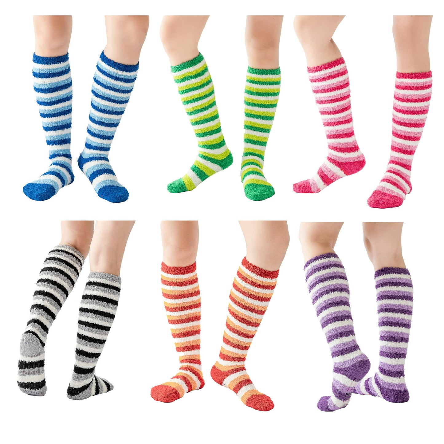 Womens Thick Comfortable Soft Fuzzy Socks Cozy Calf High Winter Plush Socks 6 Pairs Stripe With Anti Slip Soles Style Size 9-11