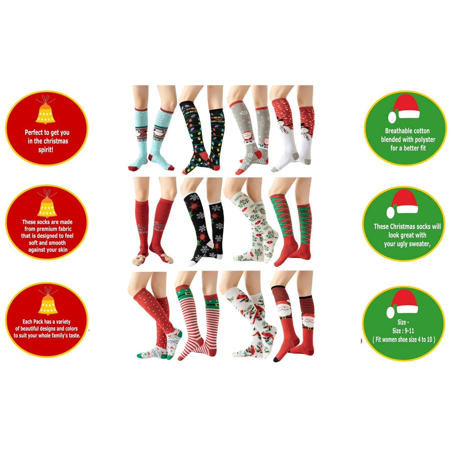 12 Pair Knee High Christmas Socks – Festive Holiday X-Mas Socks – Perfect for Women & Teens