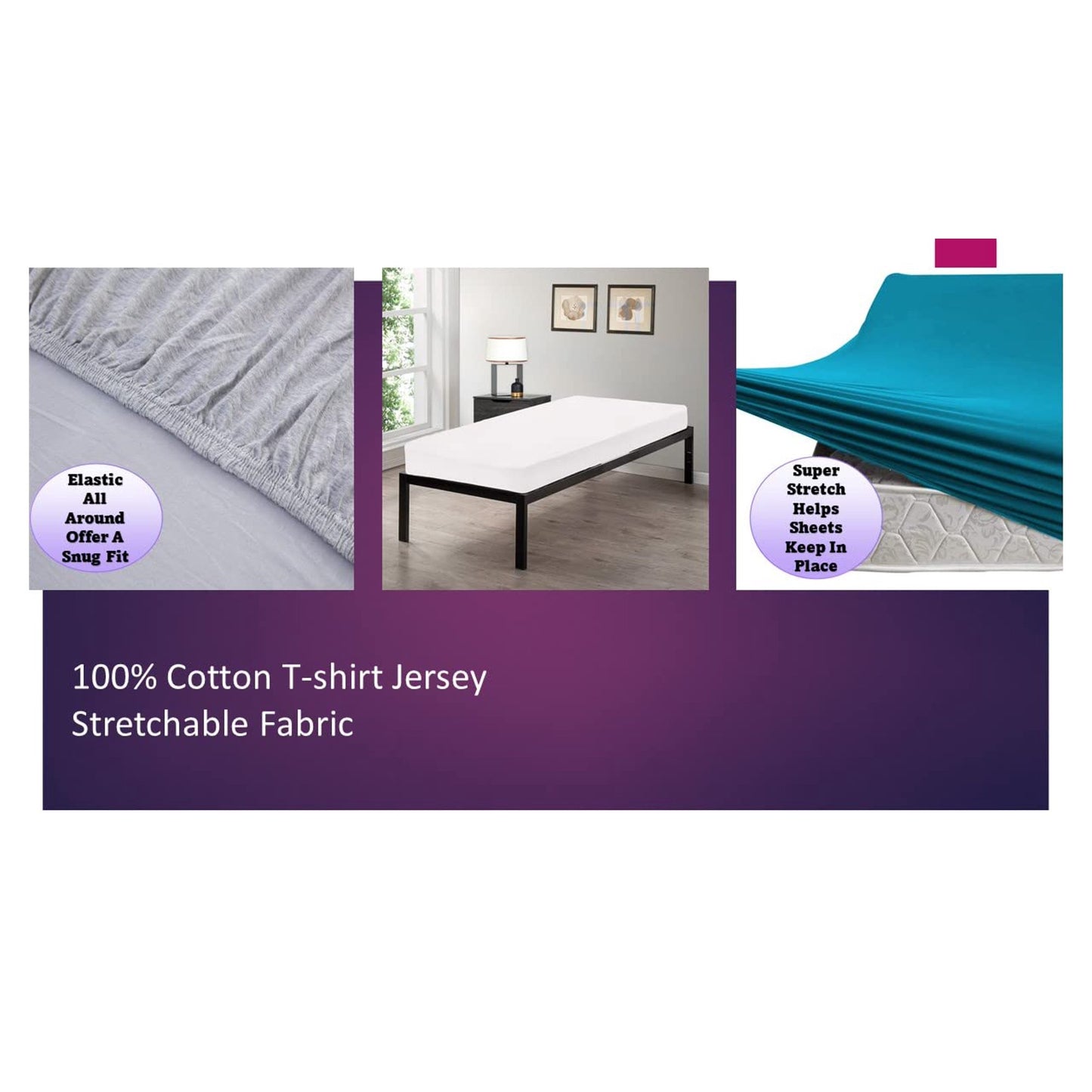 100% Combed T-Shirt Cotton Jersey Knit Camp Sheet Set, 1 Fitted cot Sheet, 1 Flat Sheet, 1 Standard Pillow case Marble Purple (Cot)