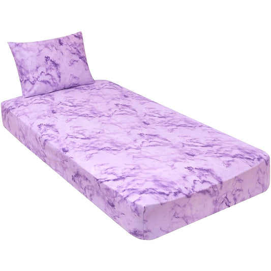 Jersey Knit Cotton Fitted 2 pc. Cot Size Camp Sheet & Pillowcase - Perfect for Camp Bunk Beds / RVs / Guest Beds Marbled tie dye Purple