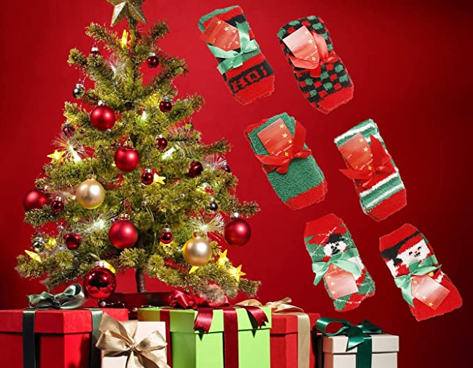 Gilbin Mens Fuzzy and Soft Christmas Holiday Socks, Anti Slip Socks Sole, 6 Pack, Size 10-14
