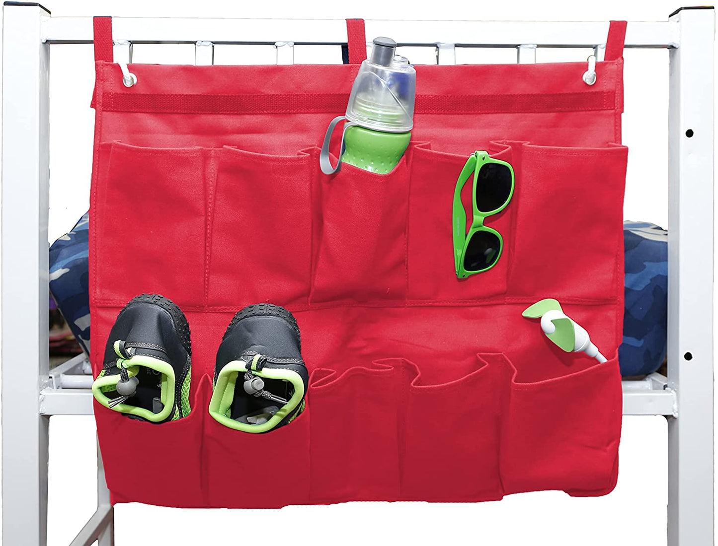 Hanging Storage Bag Holder End of Bed Shoe Organizer with 10 Pockets for Bed Rails Red