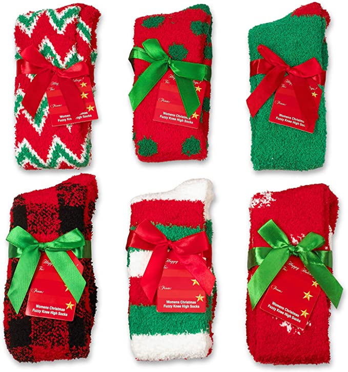 Womens Soft Fuzzy Sock, Holiday Christmas Slipper Socks, holiday stocking stuffers, Snowflake Fuzzy Socks, 6 Pack, Size 9-11