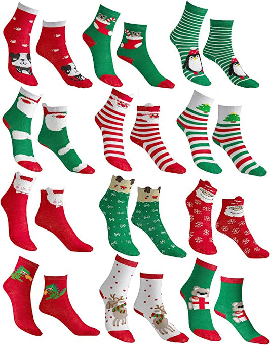 12 Pair Kids Size christmas socks, Holiday X-Mas Novelty Crew Socks,12 Different Designs