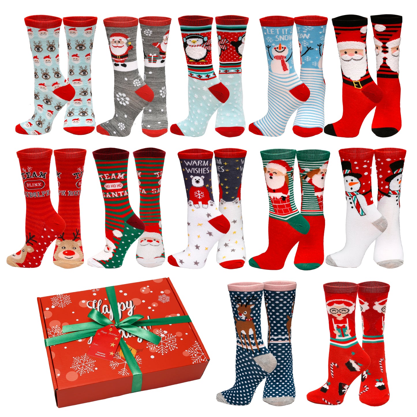 12 Pair, Holiday X-Mas Socks, 12 Different Designs, Christmas Size 9-11