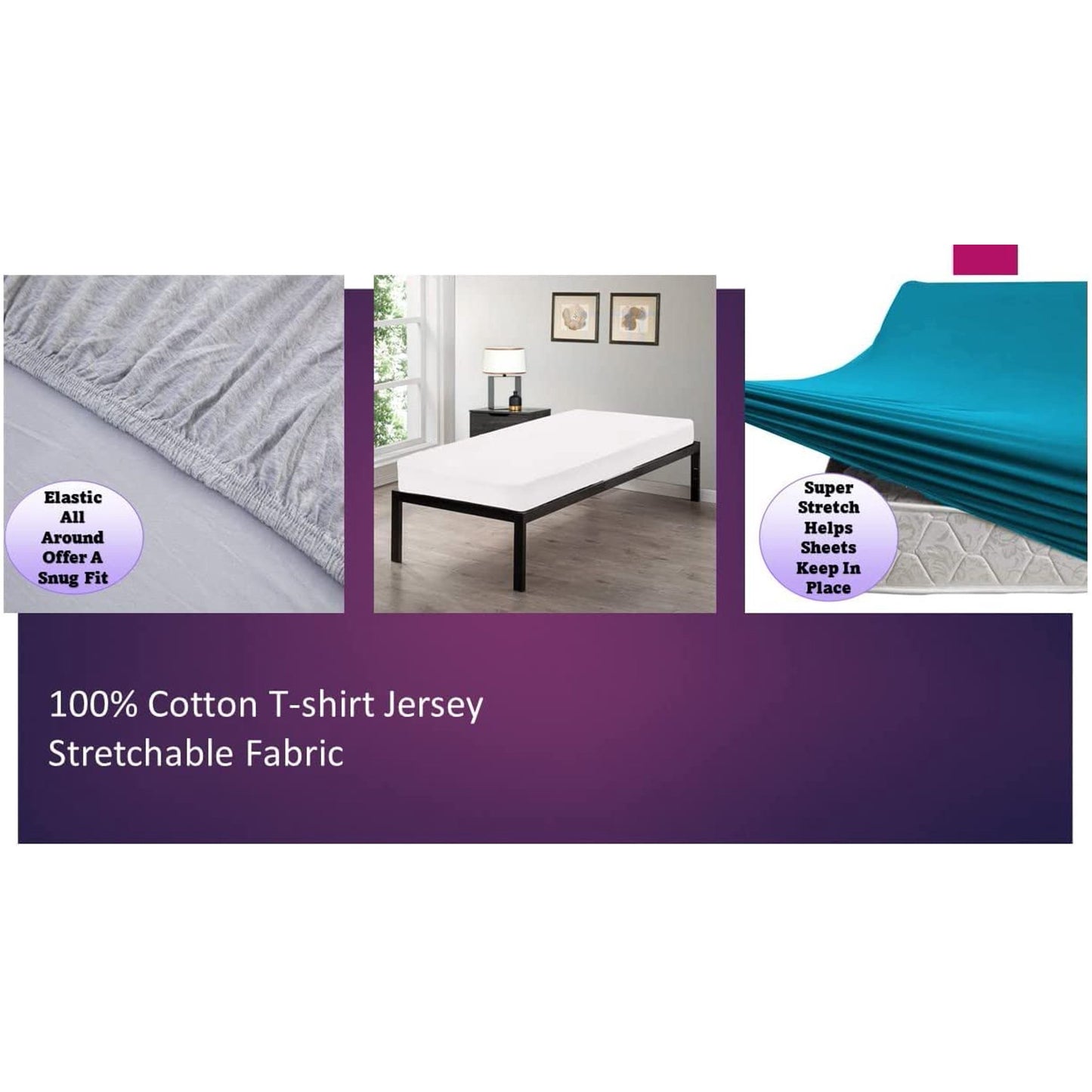 100% Combed T-Shirt Cotton Jersey Knit Camp Sheet Set, 1 Fitted cot Sheet, 1 Flat Sheet, 1 Standard Pillow case Black