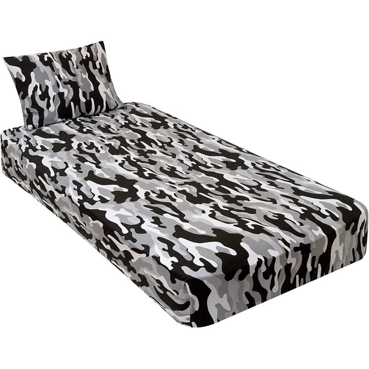 Jersey Knit Cotton Fitted 2 pc. Cot Size Camp Sheet & Pillowcase - Perfect for Camp Bunk Beds / RVs / Guest Beds Black Camouflage