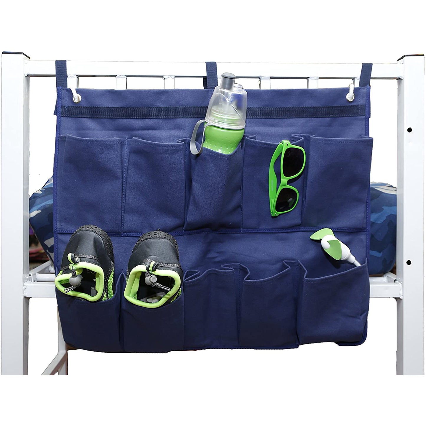 Hanging Storage Bag Holder End of Bed Shoe Organizer with 10 Pockets for Bed Rails(Navy)